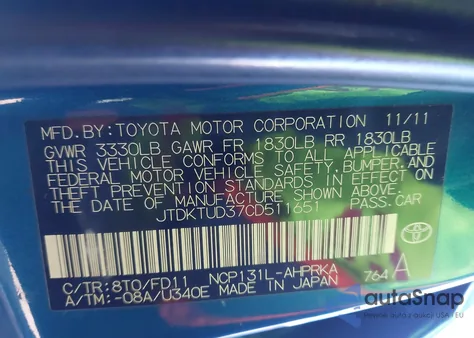 2012 Toyota Yaris Se из США, поврежденный, VIN JTDKTUD37CD511651